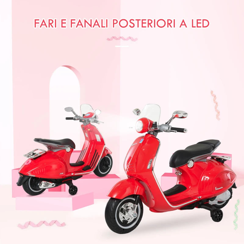 Moto Elettrica per Bambini con Licenza Ufficiale Vespa, 2 Rotelle, Luci e Suoni, 108x49x75 cm, Rossa QW7370-115RDQW7