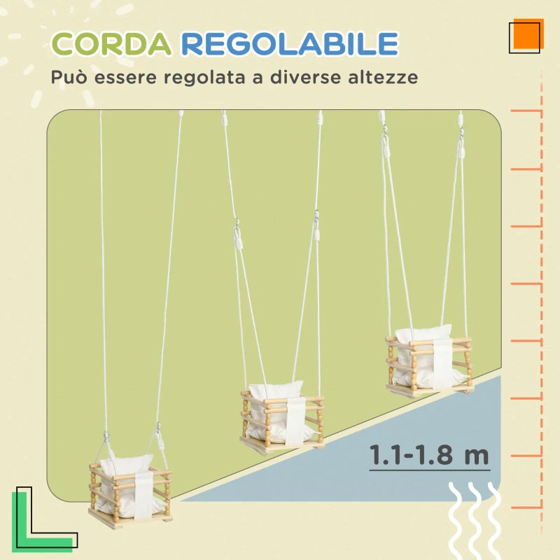 Altalena per Bambini 9-36 Mesi in Legno e Cotone con Corda Regolabile e Cuscino, 30x30x110-180 cm TG9331-032V00WTTG9