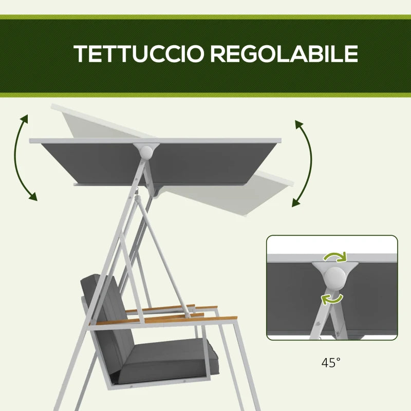 anchina da Giardino 3 Posti con Tettuccio Inclinabile, in Acciaio, 205x130x175 cm, Grigio Scuro 84A-315V00CG