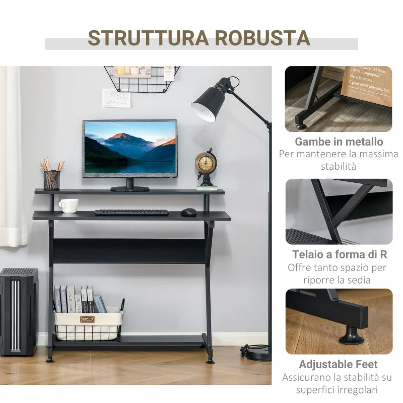 Scrivania Tavolo Porta PC Salvaspazio con Ripiano Monitor Rialzato, 100x60x85.5cm, Legno - Nero QA1836-425V01BKQA1