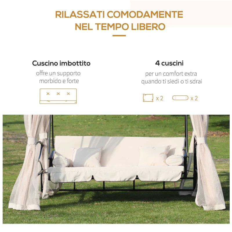 Dondolo 3 Posti e Lettino Singolo Copertura a Gazebo con Zanzariera e Cuscini 256x172x248cm Crema 84A-102