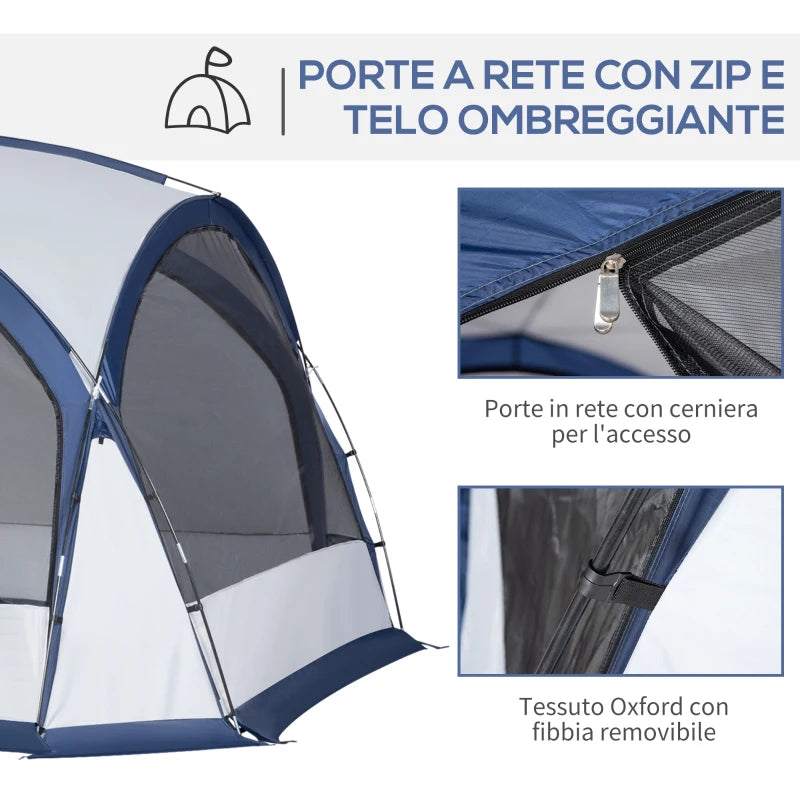 Tenda da Campeggio 3 Posti con 4 Porte a Cerniera, Zanzariera e Gancio, 350x350x230cm, Bianca e Blu EX2A20-232EX2