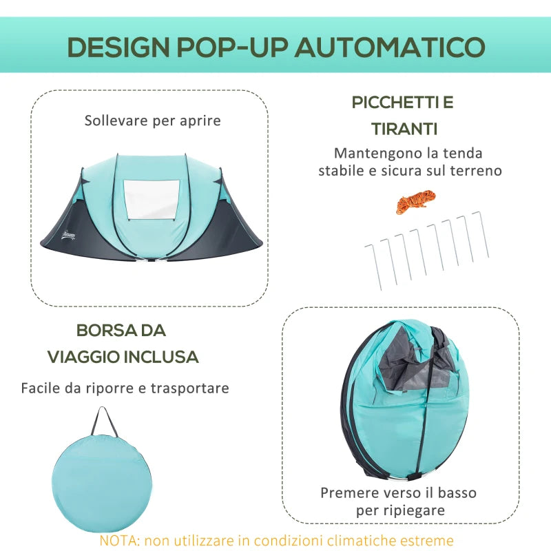 Tenda da Campeggio 3 Persone a Cupola, Tenda Pop-Up Automatica a Igloo, 286x209x122cm, Azzurro EK9A20-261EK9