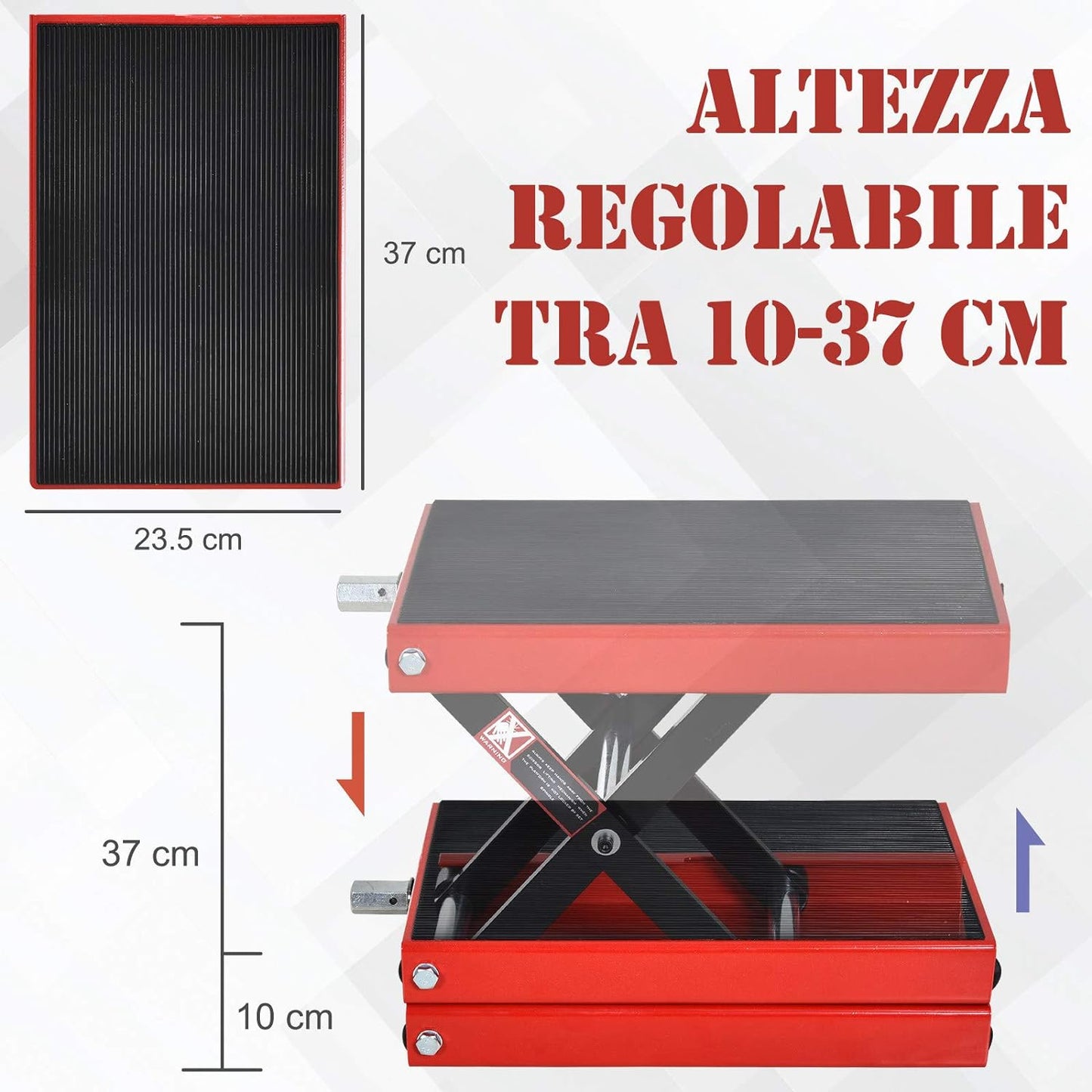 Cavalletto Alzamoto, Sollevatore per Moto scooter in Acciaio Rosso e Nero, Pieghevole e Antiscivolo 41.5 x 23.5 x 10-37cm 4D3C30-012S22