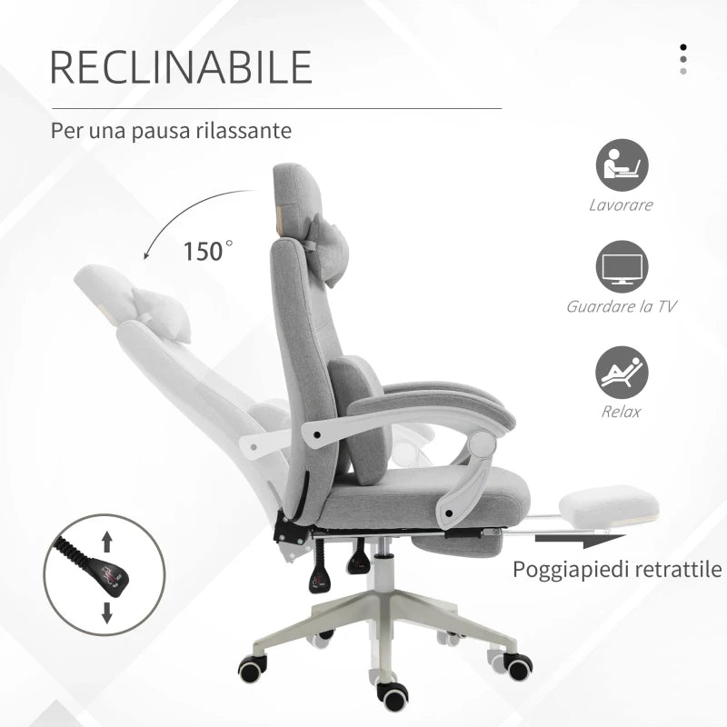 Sedia da Ufficio Ergonomica, Sedia da Scrivania con Rotelle, Cuscino Lombare, Poggiatesta e Poggiapiedi Estraibile, Grigia 62x68x117-127cm YH1921-253YH1