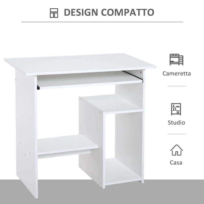 Scrivania per Computer Porta PC Moderna Salvaspazio, Scrivania da Uffcio con Ripiano per CPU e Mensola Tastiera Estraibile in Legno, 80x45x75cm, Bianco QU6836-092WTQU6