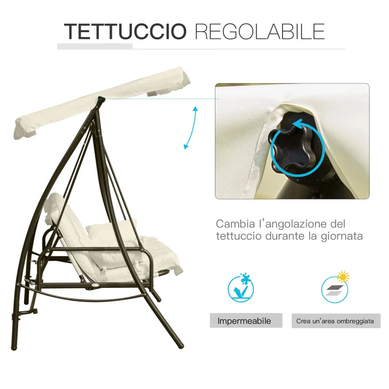 Dondolo da Giardino 3 Posti con Tetto Reclinabile, Convertibile in Letto, 200x125x170 cm, Crema 84A-032