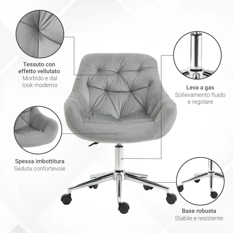 Sedia da Ufficio Ergonomica Girevole con Altezza Regolabile e Ruote, Rivestimento in Velluto, 59x58x80-90cm, Grigio LM3921-480GYLM3