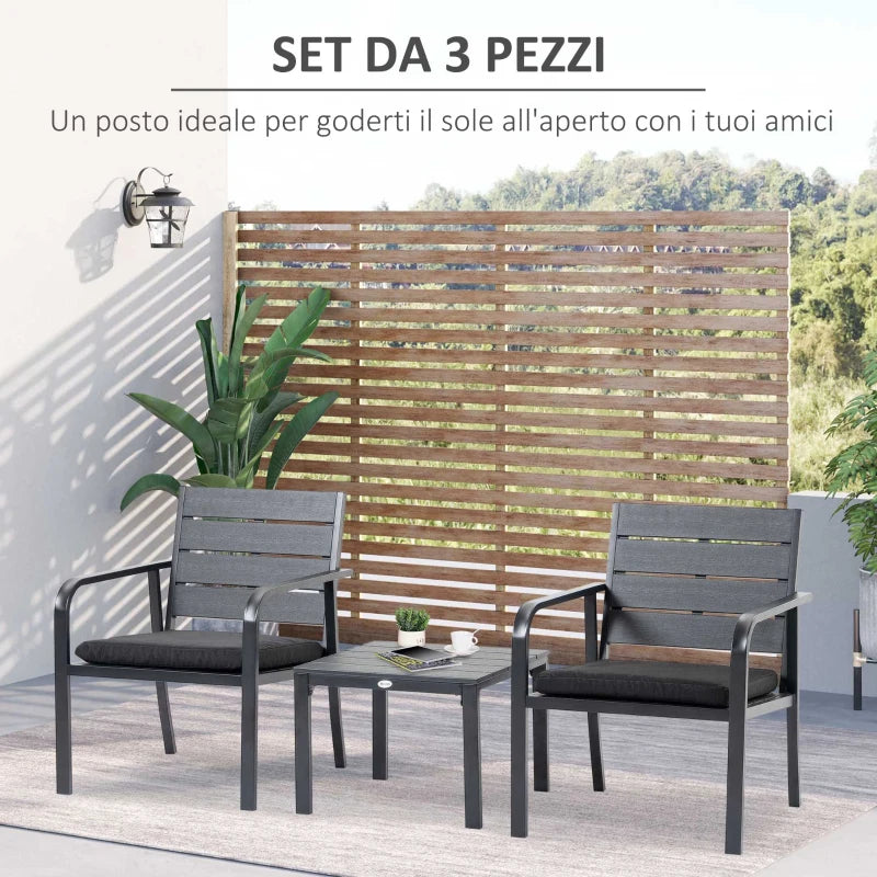 Set da Giardino 3 Pezzi con Tavolino e 2 Sedie con Cuscini, Acciaio e Plastica, Grigio Scuro 84B-643