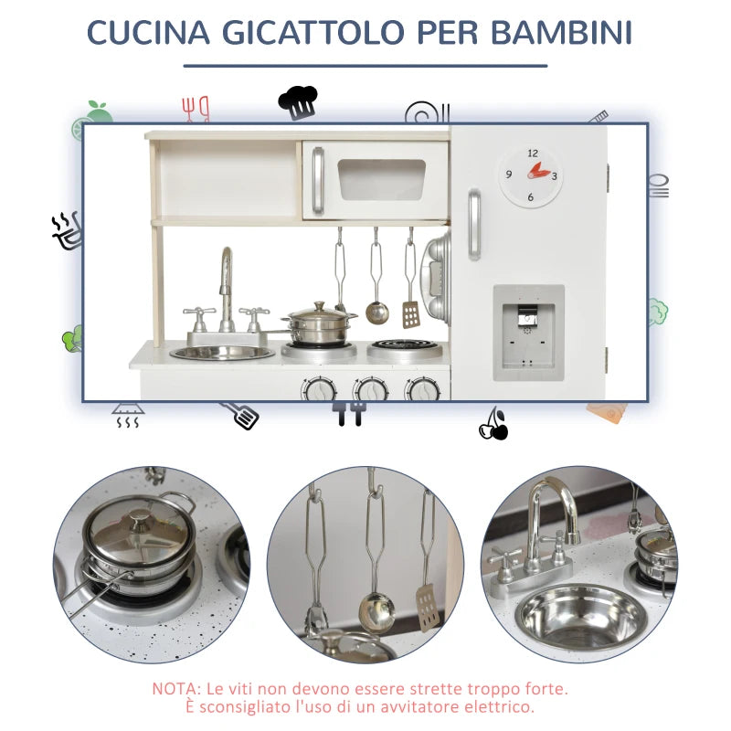 Cucina Giocattolo in Legno per Bambini con Lavandino e Fornelli, Pentole e Utensili in Acciaio, 74x30x81cm, Bianco ME7350-082ME7