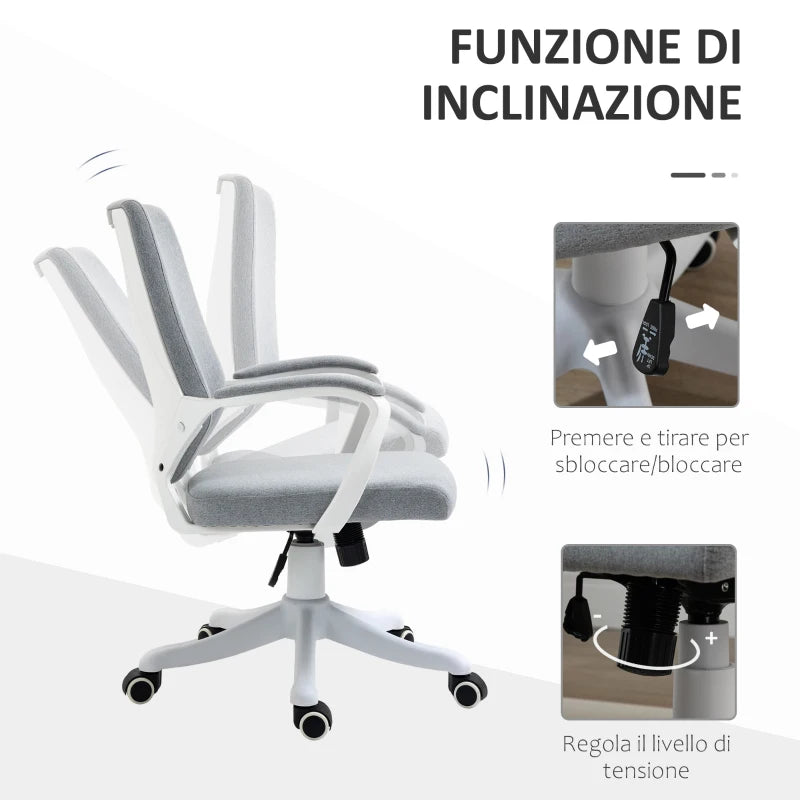 Sedia da Ufficio Ergonomica, Altezza Regolabile e Funzione Dondolo, Poltrona Girevole con Ruote, 62x69x92-100cm, Grigio Bianco JK7921-536GYJK7