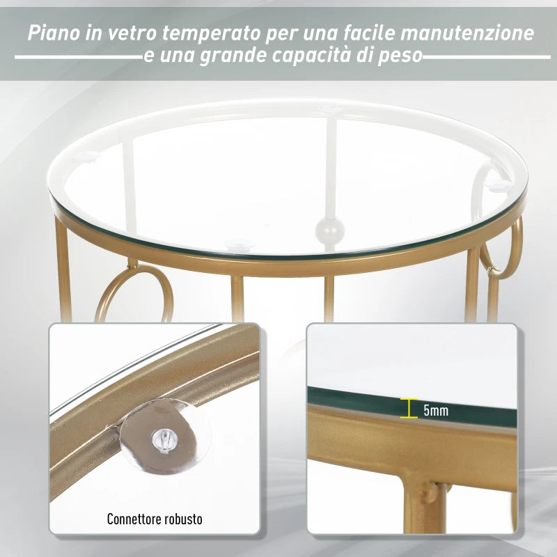 Set 2 Pezzi Tavolini da Caffè Design Elegante con Motivi a Cerchio, Metallo e Vetro Temperato Φ41x57cm & Φ36x51cm, Oro SD9833-674SD9