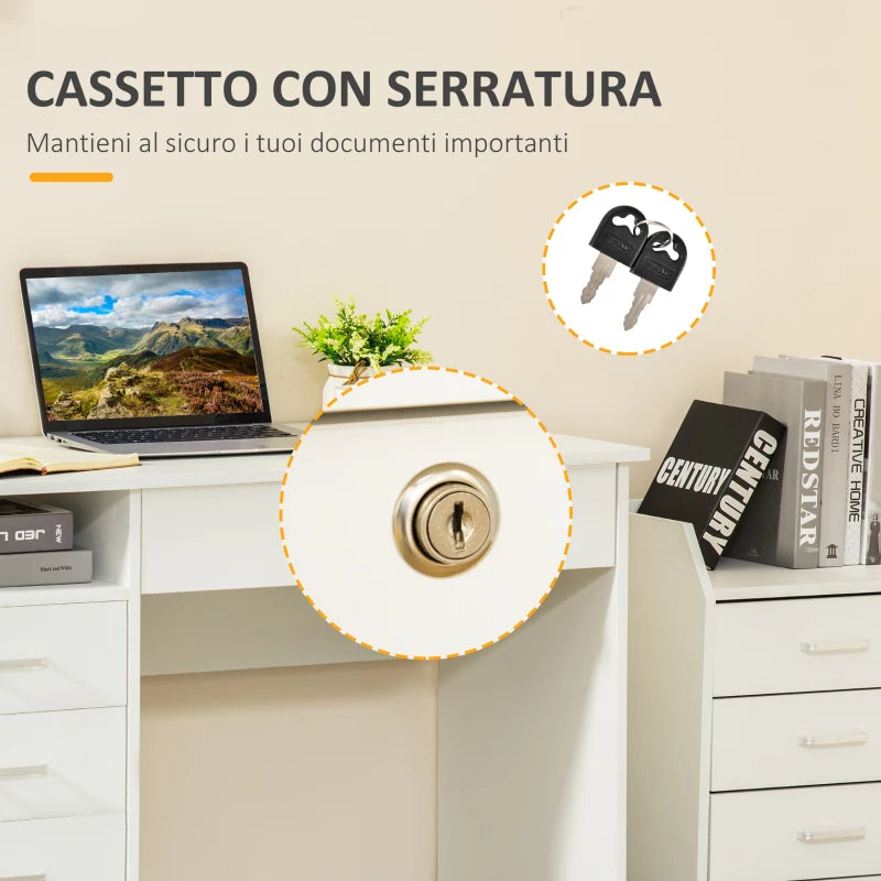 Scrivania per Camera o Ufficio in Legno con 2 Cassetti e 2 Chiavi, 110x50x76cm - Bianco ZD8836-465WTZD8