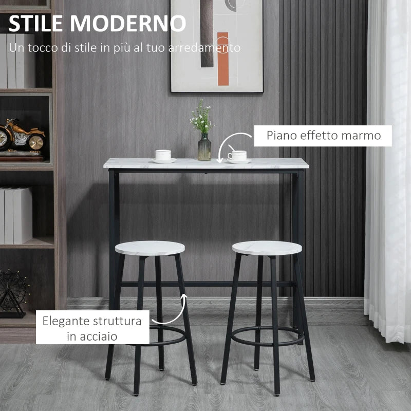 Set 3 Pezzi con Tavolo Rettangolare e 2 Sgabelli da Bar in Truciolato, MDF e Acciaio, Bianco e Nero HY3835-943V01WTHY3