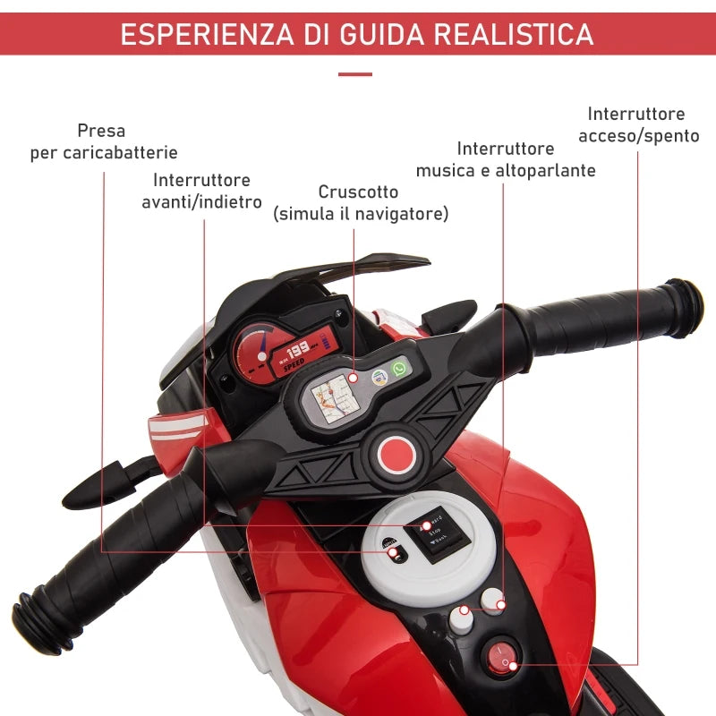 Moto Elettrica per Bambini 3-5 Anni Max. 25kg con Luci, Musica, Batteria 6V e Velocità 3km/h, 86cmx42cmx52cm Rossa HJ8370-103V90RDHJ8