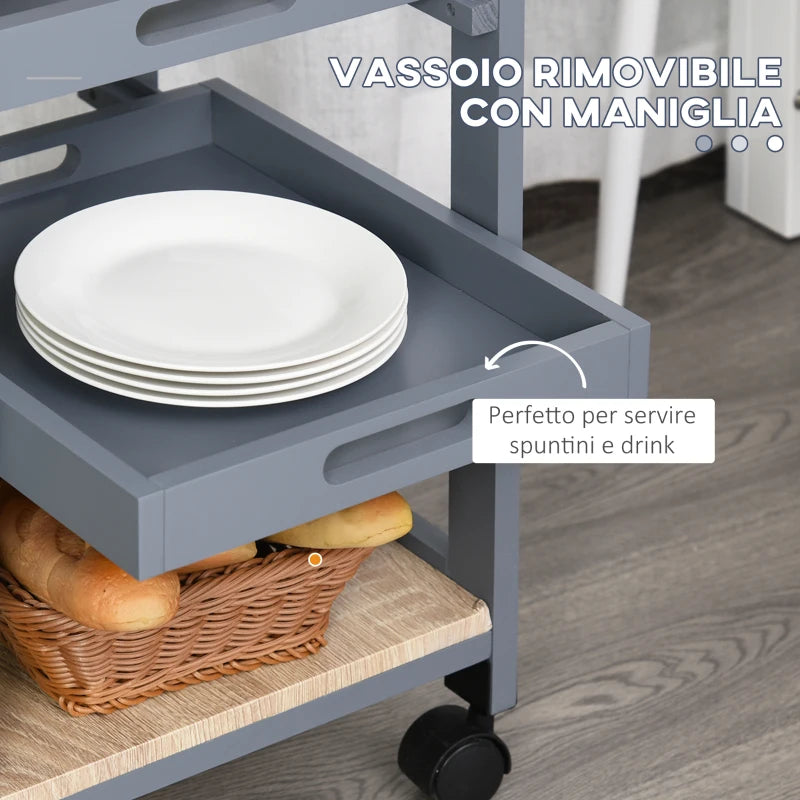 Carrello da Cucina con Cassetto, 2 Vassoi Estraibili e Ripiano Fisso, in Legno di Pino e MDF, 37x37x76 cm HG8801-153GYHG8