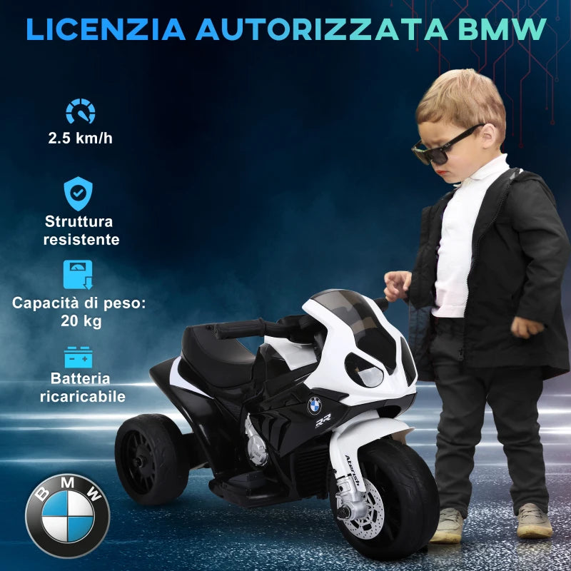 Moto Elettrica per Bambini Max. 20kg con Licenza BMW, 3 Ruote, Batteria Ricaricabile 6V, Bianca Nera, 66x37x44cm GB5370-064BKGB5