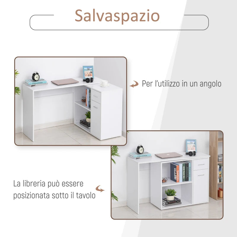 Scrivania Angolare con Libreria Scaffale in Legno Bianco, Tavolo da Pranzo con Rotazione a 360°, 173x39.8x74 cm ZK4836-073WTZK4