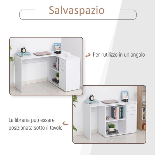 Scrivania Angolare con Libreria Scaffale in Legno Bianco, Tavolo da Pranzo con Rotazione a 360°, 173x39.8x74 cm ZK4836-073WTZK4