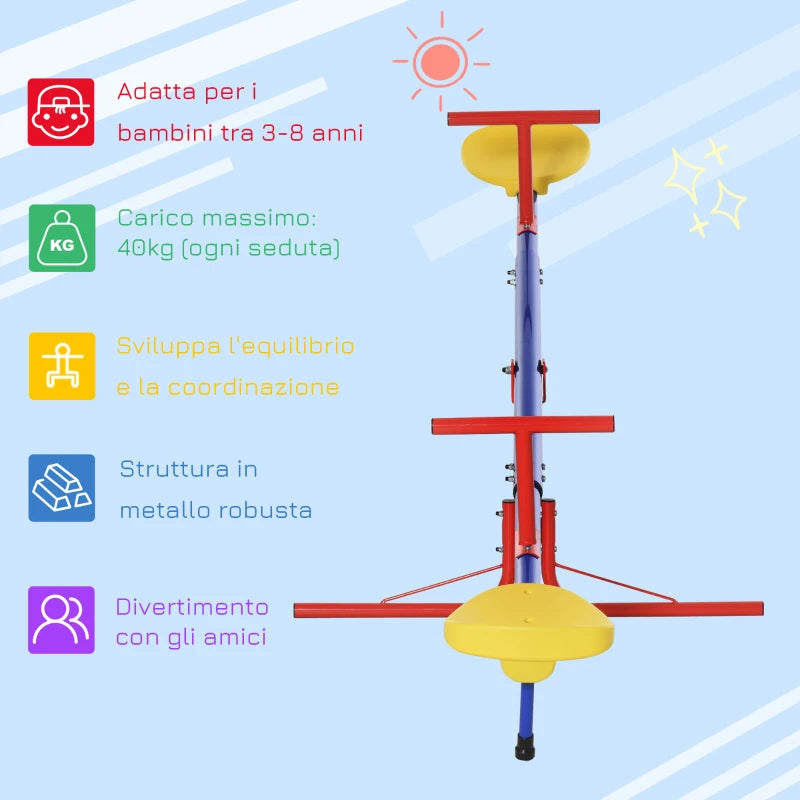 Altalena per Bambini Doppia a Bilico Girevole a 360° in Metallo e PP, Età 3-8 Anni, 182x77x63cm Multicolore HJ2344-023HJ2