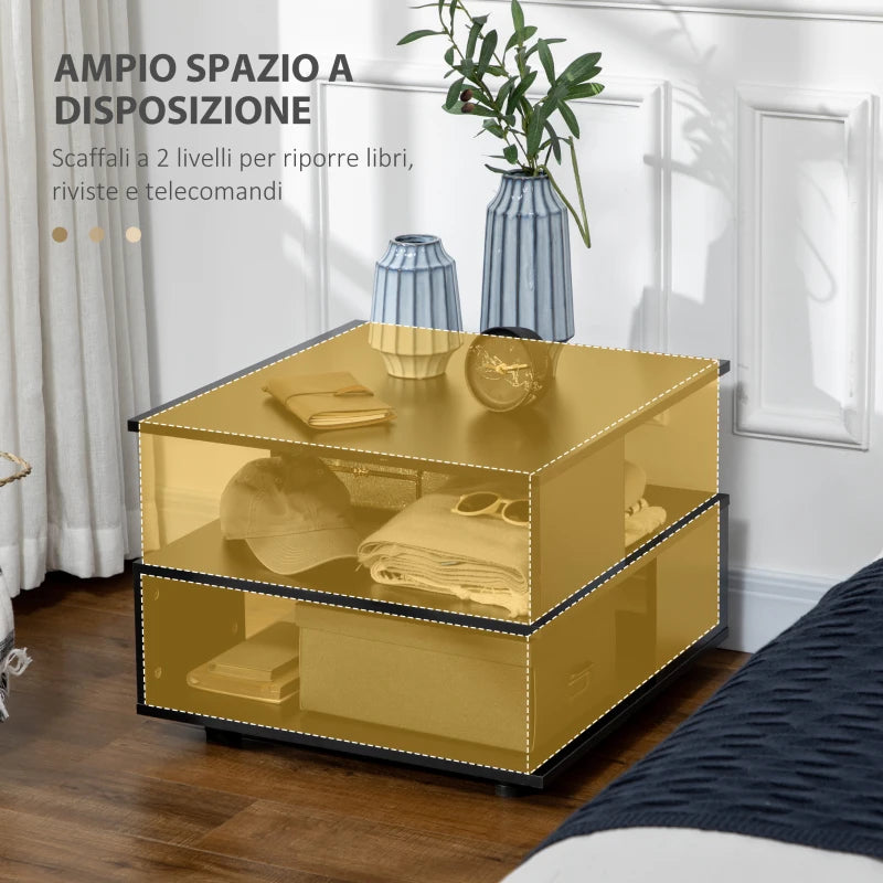 Tavolino da Caffè Asimmetrico in Legno con Ripiani e Piedini Regolabili, 60x60x45cm, Nero GY4839-248BKGY4