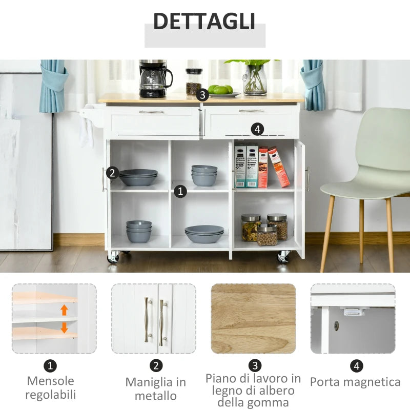 Carrello da Cucina Multiuso in Legno con 2 Cassetti, 3 Antine e 4 Ruote 121x46x91cm - Bianco TR8801-204TR8