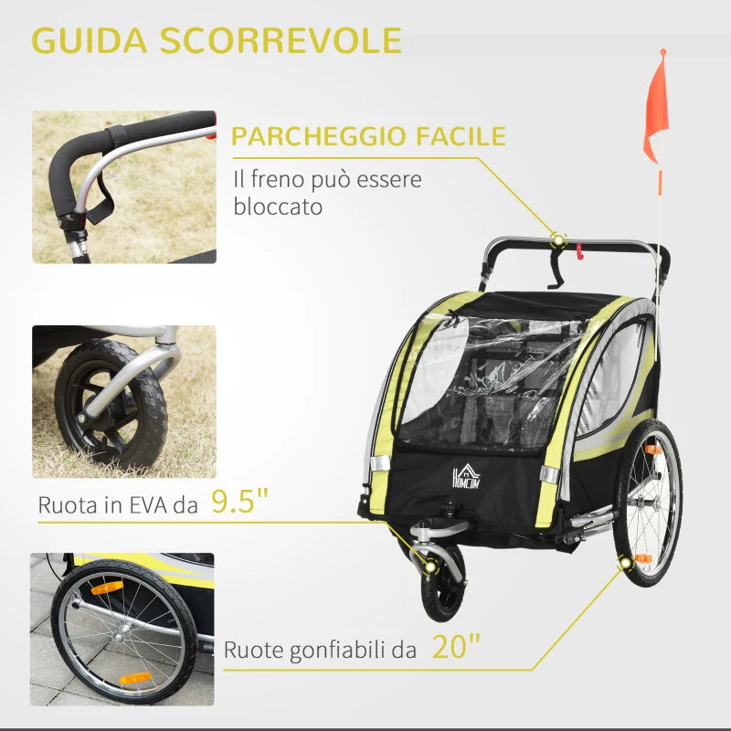 Rimorchio Bici per Bambini Passeggino, Design 2 in 1 con Freno, Cintura a 5 Punti e Tasche Laterali, Riflettori, 116-142Lx75Px101Acm, Giallo MG5440-026YLMG5