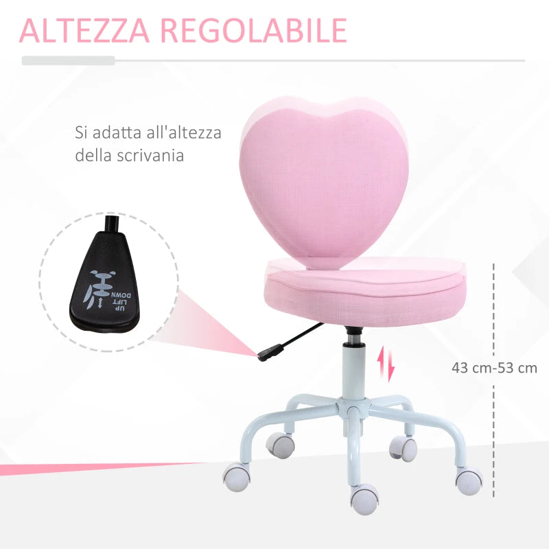 Sedia per Scrivania a Forma di Cuore con 5 Rotelle e Altezza Regolabile in Tessuto Rosa, 40x50x79-89cm JH5833-942JH5