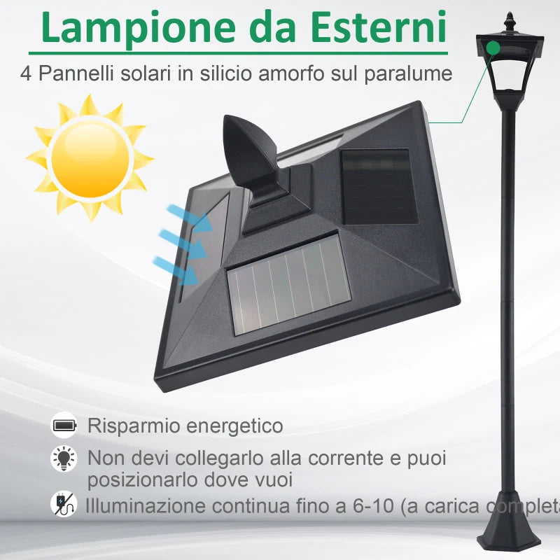 Lampione LED da Esterno ad Energia Solare Lampada da Giardino Lampada da Terra Impermeabile IP44 18×18×160cm Nero XN4842-108XN4