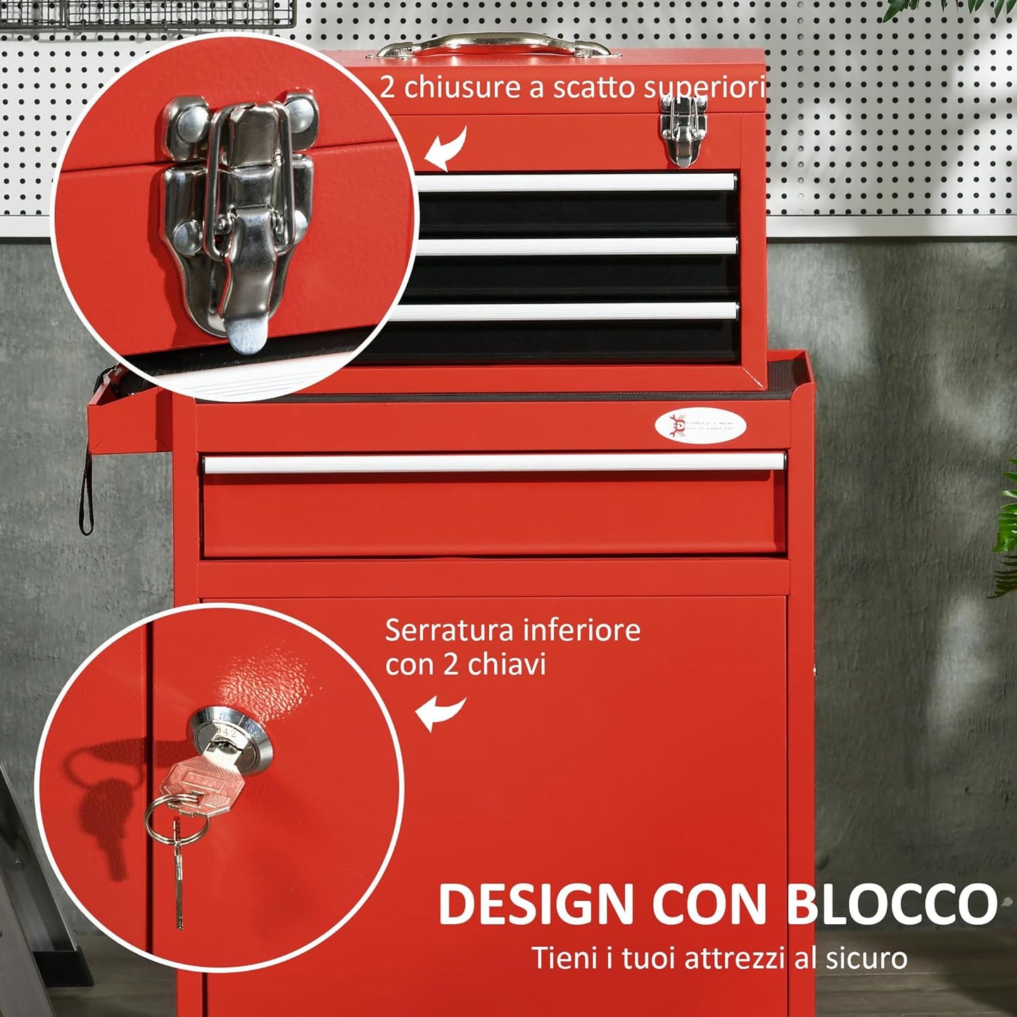 Carrello Porta Attrezzi utensili cassettiera officina per chiavi accessori 2 in 1 con Cassetta Rimovibile e Armadietto con Chiave in Acciaio, Rosso 5RFB20-102V00RD88U