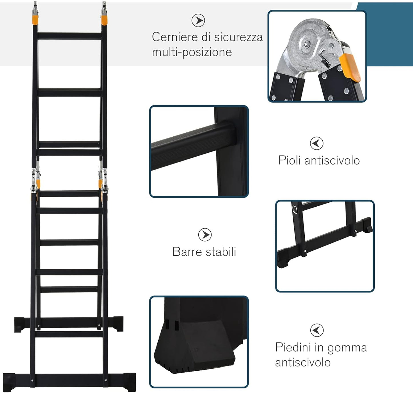 Scala in Alluminio 5 in 1 Nera con 2 Pannelli di Sostegno Scala Pieghevole per Interni ed Esterni giardino Carico Massimo 150kg, 370x61x11 cm DRFB72-029VT6