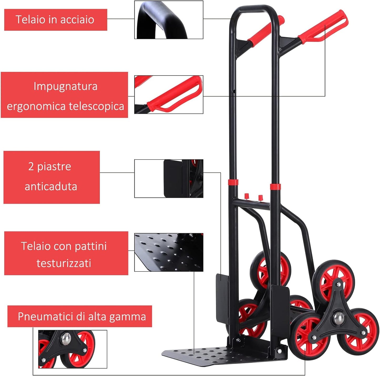 Carrello Portapacchi Pieghevole pacchi scale 120 kg max con Maniglia Estraibile Carrello da Trasporto in Acciaio, PP e TPR, 60x45x109 cm, Rosso e Nero YGYB71-029FR5