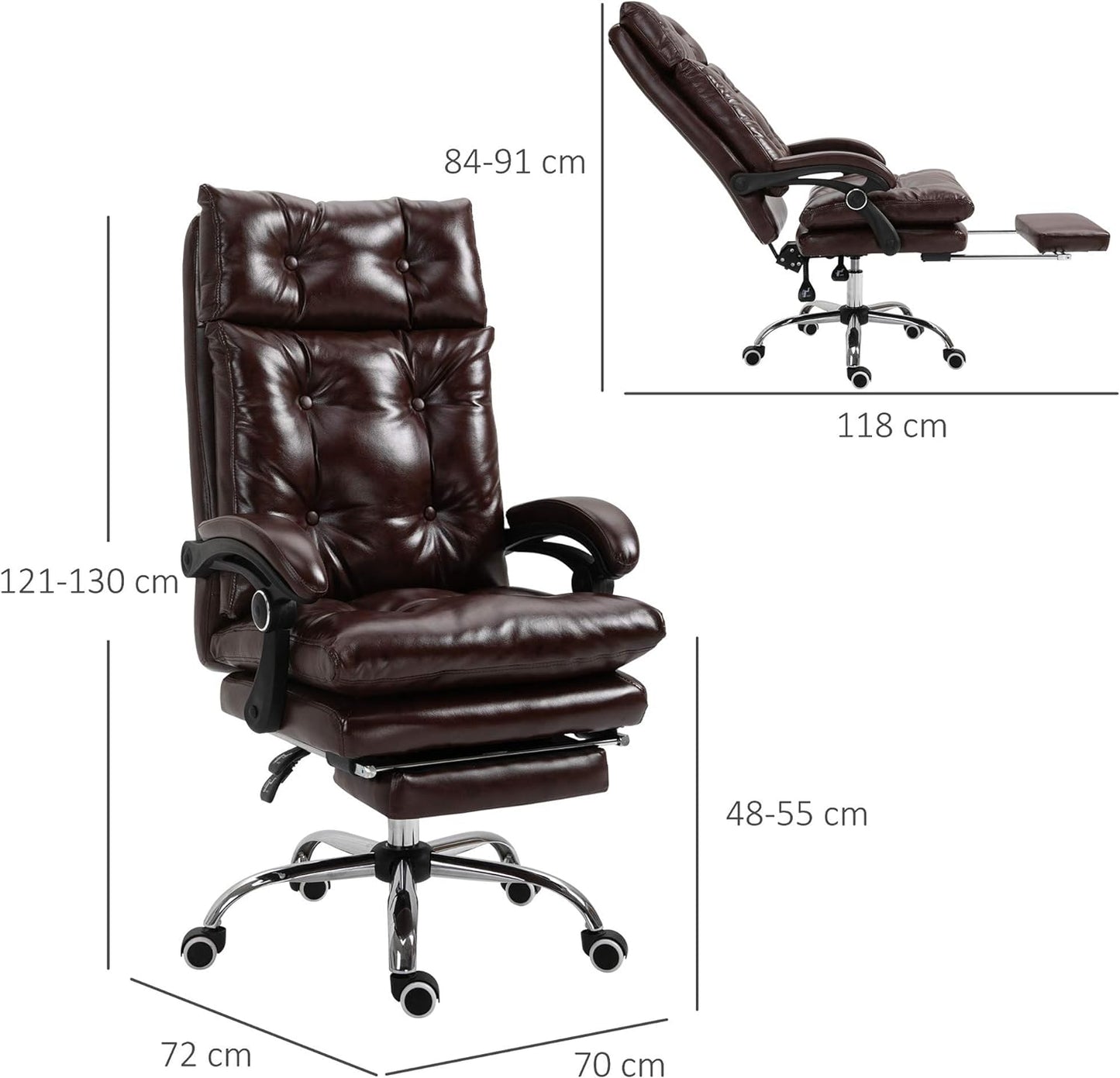 Poltrona Ufficio Presidenziale sedia ecopelle Marrone Stile Chesterfield, Schienale Reclinabile 135° e Poggiapiedi YH8921-224D55