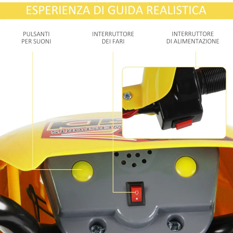 Moto Cross Elettrica con Rotelle Giallo per Bambini 3 anni e più, Batteria 6V Velocità 2.5km/h, 102 x 53 x 66cm WQ2301-043YLWQ2