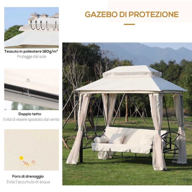 Dondolo 3 Posti e Lettino Singolo Copertura a Gazebo con Zanzariera e Cuscini 256x172x248cm Crema 84A-102