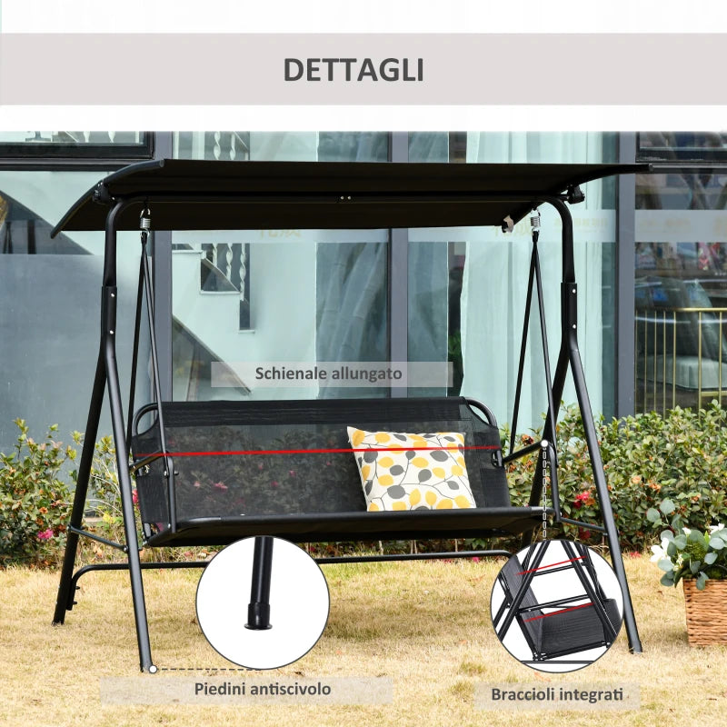 Dondolo da Giardino Terrazza 3 Posti con Tettuccio Regolabile in Metallo e Texteline 172x110x155cm Nero 84A-181BK