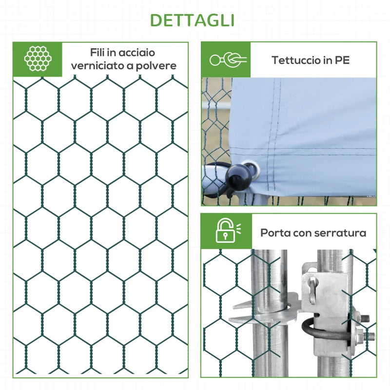 Pollaio da Giardino con Telaio Zincato, Copertura Impermeabile e Rete Esagonale, 3x8x2m, Argento KI9D51-277V03KI9