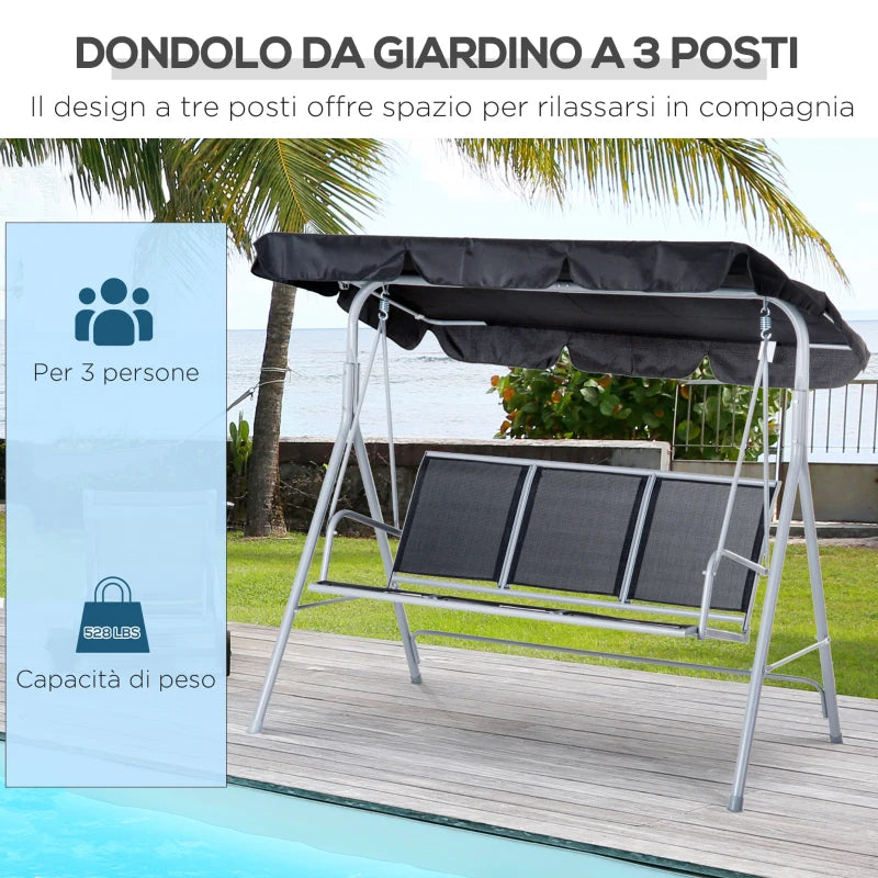 Dondolo da Giardino a 3 Posti in Metallo, Tetto Parasole Rimovibile e Lavabile, Nero e Argento, 171x108x154cm 84A-059BK