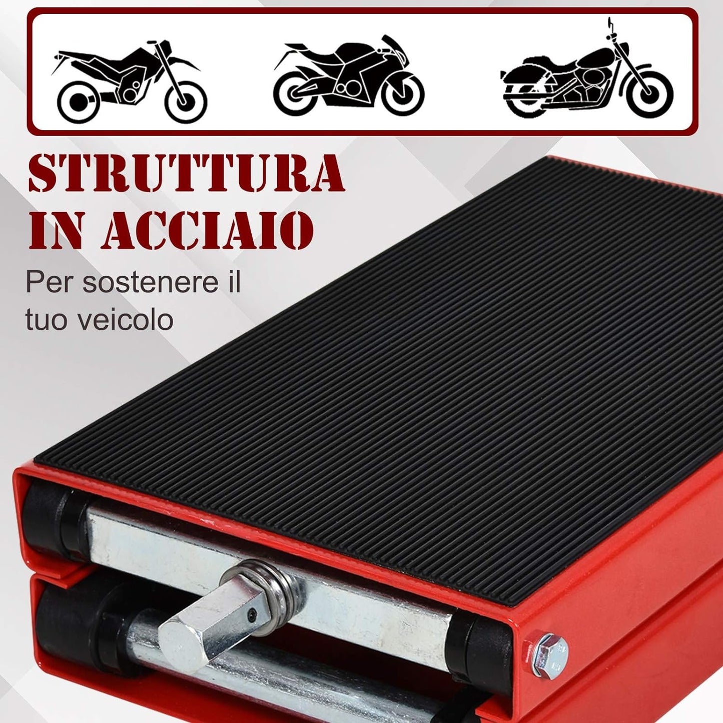 Cavalletto Alzamoto, Sollevatore per Moto scooter in Acciaio Rosso e Nero, Pieghevole e Antiscivolo 41.5 x 23.5 x 10-37cm 4D3C30-012S22