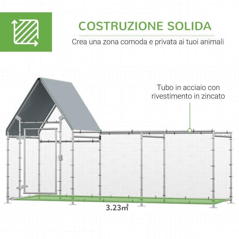 Recinto per Galline in Acciaio Galvanizzato con Telo di Protezione in Oxford, 302x107x172cm, Argento GF9D51-272V01GF9