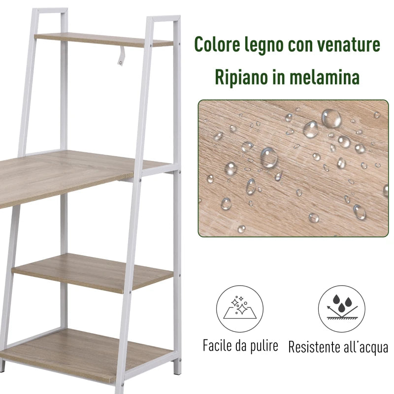 Scrivania Pieghevole con Libreria Salvaspazio in Metallo Bianco e Legno MDF Color Rovere, 106x48x128cm RT5836-247RT5