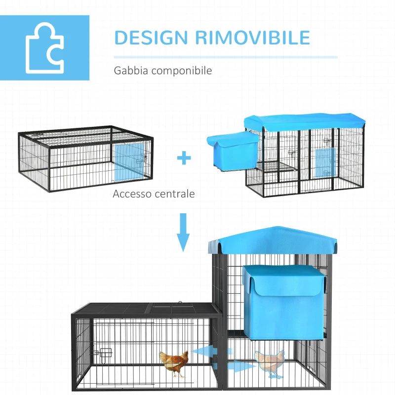 Pollaio da Giardino Componibile per 6-10 Galline con Gabbie in Metallo e Copertura in Poliestere, Blu MG2D51-250BUMG2