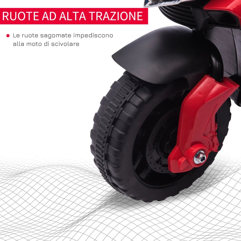 Moto Elettrica per Bambini con Fari e Clacson, Batteria 6V Velocità 3km/h, Età 18-48 Mesi, 88.5x42.5x49cm, Rosso GB7370-159V90RDGB7