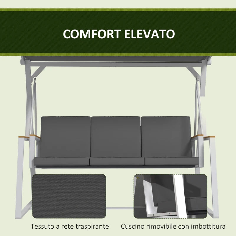 anchina da Giardino 3 Posti con Tettuccio Inclinabile, in Acciaio, 205x130x175 cm, Grigio Scuro 84A-315V00CG