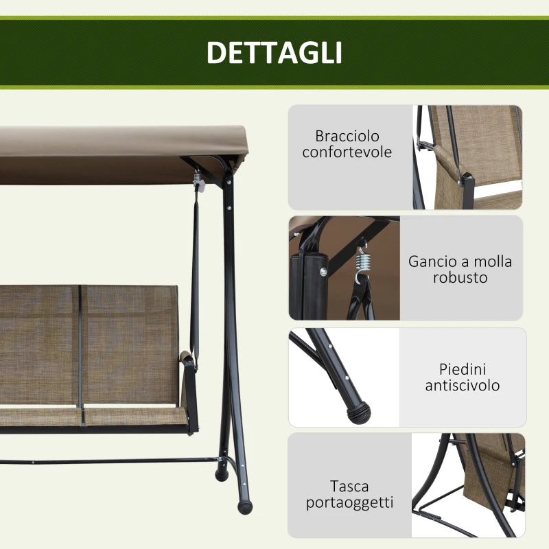 Dondolo da Giardino a 3 Posti con Tettuccio Regolabile e Tasche Portaoggetti Marrone 196x128x172cm 84A-110V01