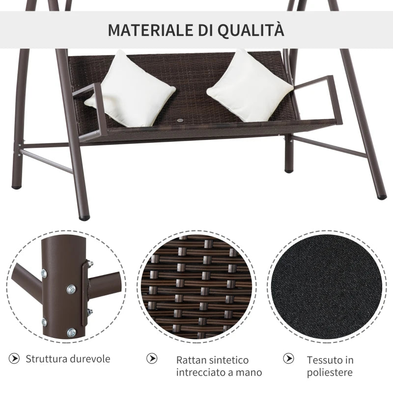 Dondolo da Giardino 3 Posti in Rattan PE e Metallo con Cuscini e Tetto Parasole, 198x124x179cm, Marrone 867-106BN