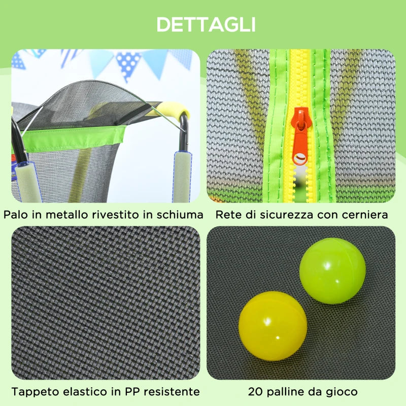 Trampolino Elastico per Bambini 3-10 Anni con Rete di Sicurezza, Canestro e Palle, Ø140x155cm, Verde VC3342-074V00GNVC3