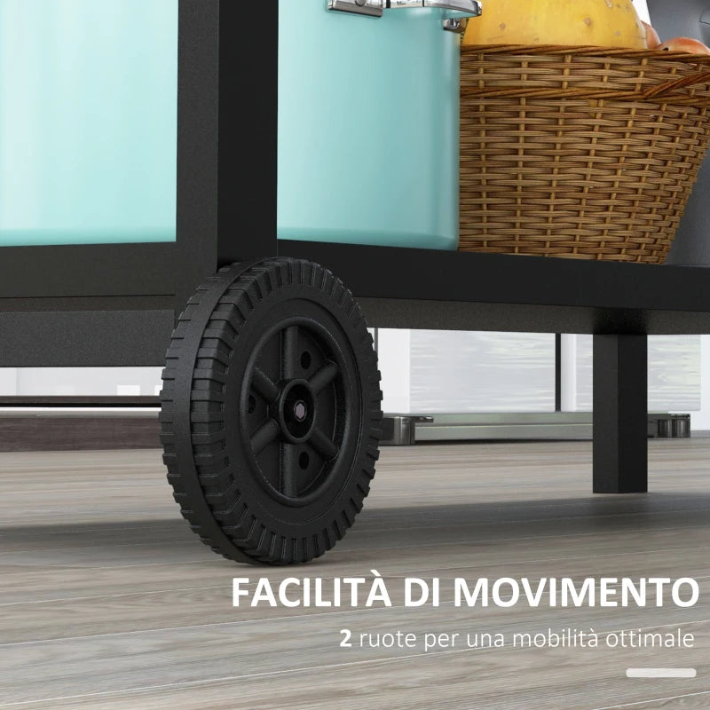 Carrello da Cucina a 2 Livelli con Maniglie e Ganci Laterali, in Acciaio, 135x46.5x86.5 cm, Nero NB6801-135NB6