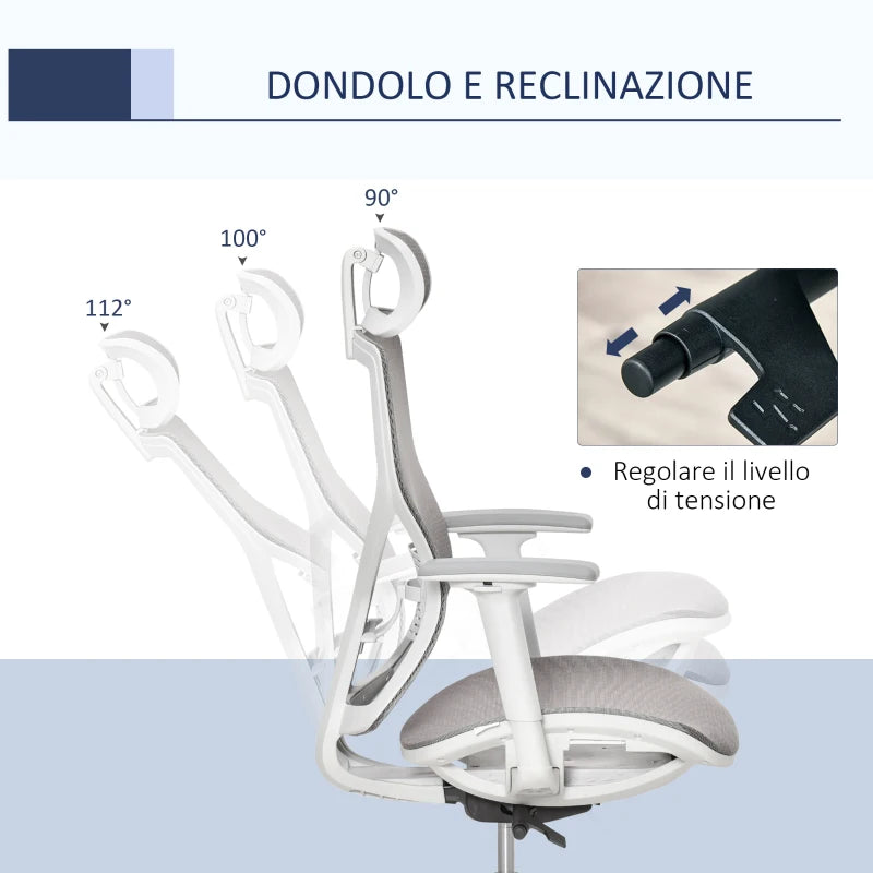 Sedia Ergonomica da Ufficio con Poggiatesta, Inclinazione e Altezza Regolabile, Poltrona Girevole Basculante con Ruote e Schiena in Rete, 67x65x120-128cm, Grigio UN9921-435UN9