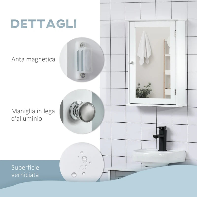 Mobiletto Bagno Pensile con Specchio e Anta a Chiusura Magnetica, 41x14x60cm - Bianco PL8834-399PL8